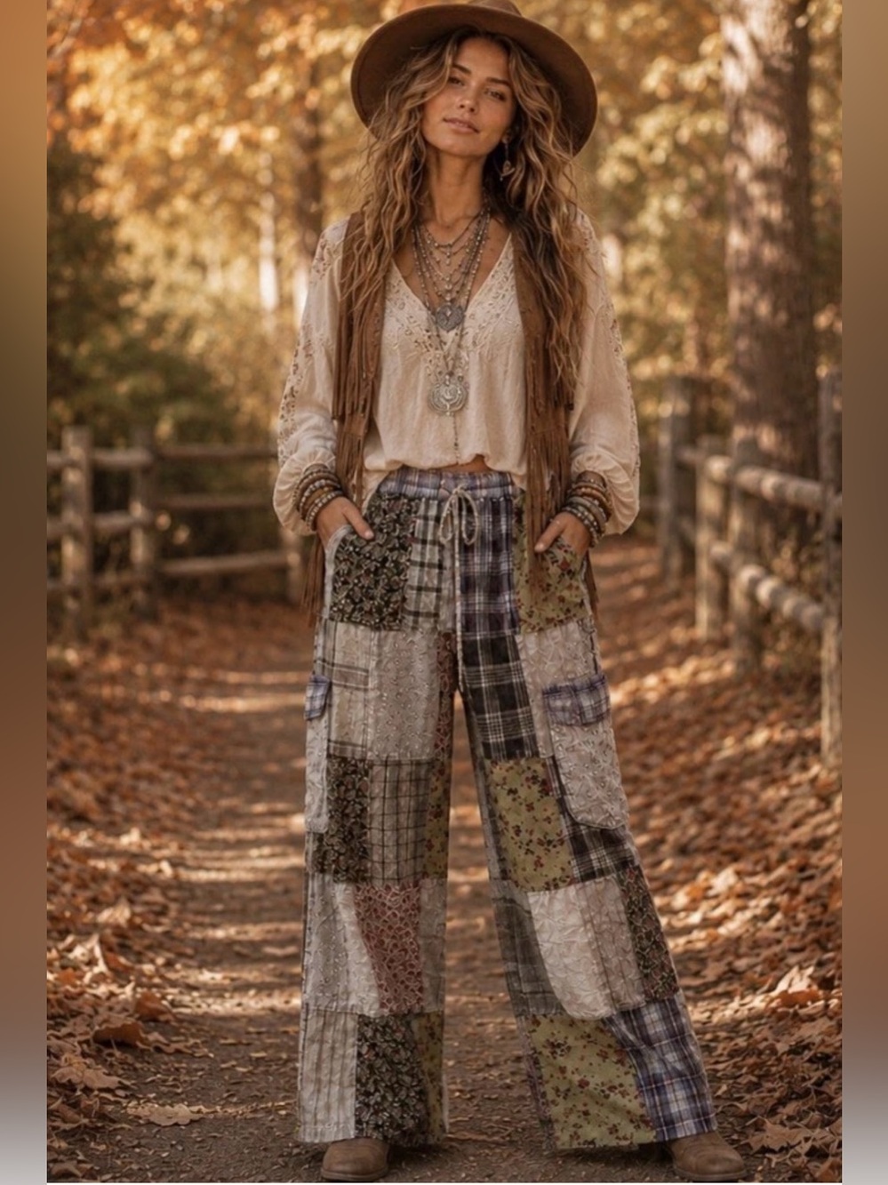 Boho Patchwork Wide-Leg Pants - Beige & Olive YOUNG THREADS XL NWT